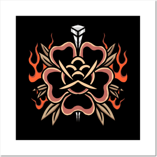 burning rose tattoo Posters and Art